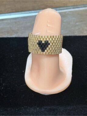 Gold Beaded Heart Ring - Black Heart Accent